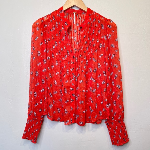 FP | Red Floral Flowers In December Sheer Floral Blouson Sleeve Popover Blouse - Picture 3 of 13